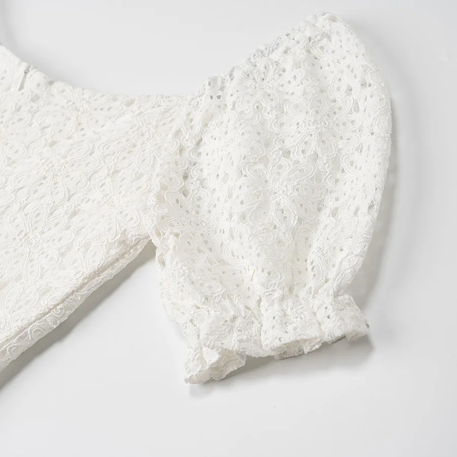 V-Neck Puff Sleeve Tie Lace Tiered Mini Dress | White Broderie Anglaise Babydoll