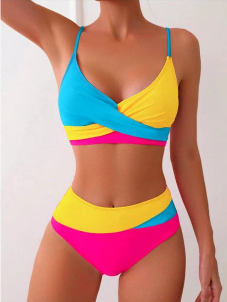 Neon Color Block Twist-Front Bikini Set, Mid-Rise 2-Piece Swimsuit