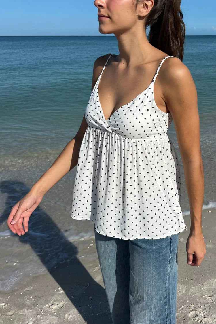 Polka Dot Deep V Babydoll Cami Top | Cream &amp;amp; Black Y2K Sweetheart Peplum Blouse