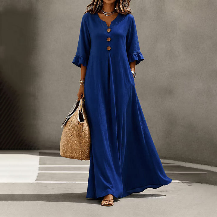 Solid color V-neck loose-fitting maxi dress