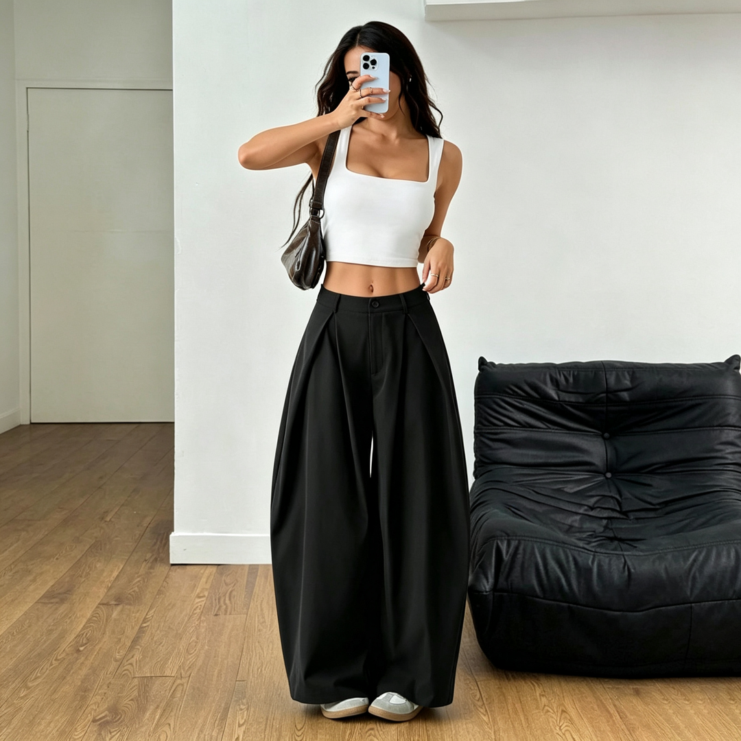 Solid color loose low-waisted wide-leg pants