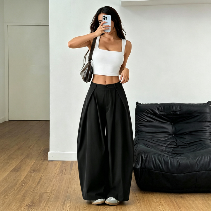 Solid color loose low-waisted wide-leg pants