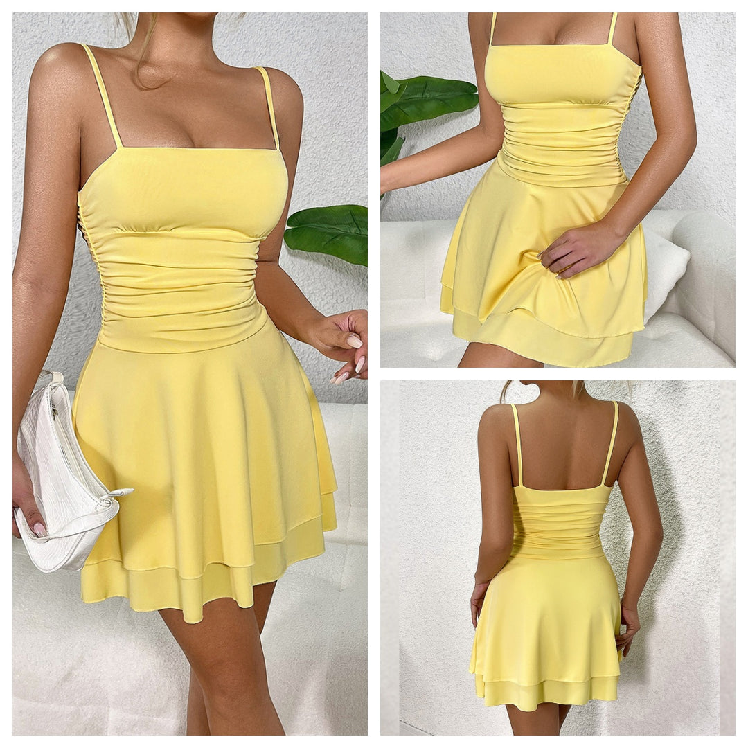 Yellow Ruched Tiered Mini Cami Dress
