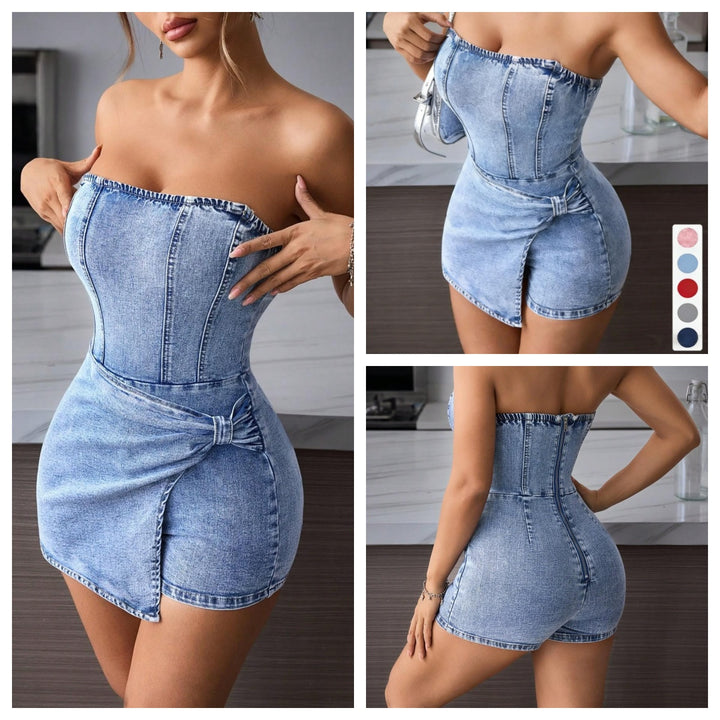 Strapless Denim Skort Romper
