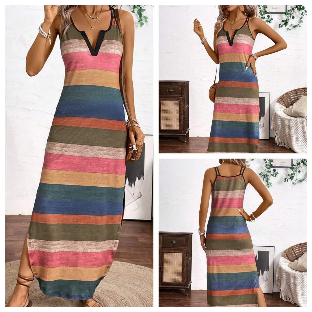 Multicolor Striped V-Neck Sleeveless Maxi Dress