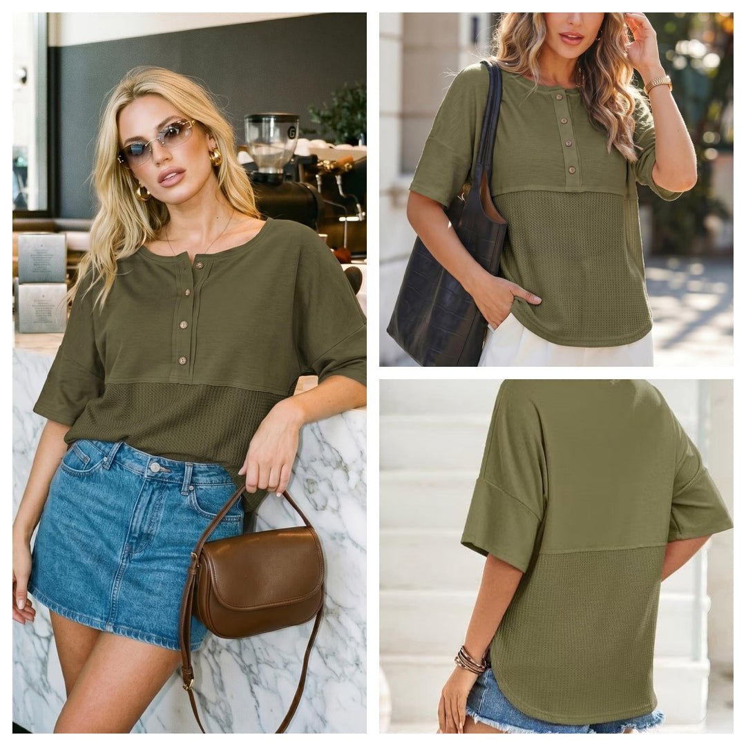 Olive Waffle Knit Henley Short Sleeve Top