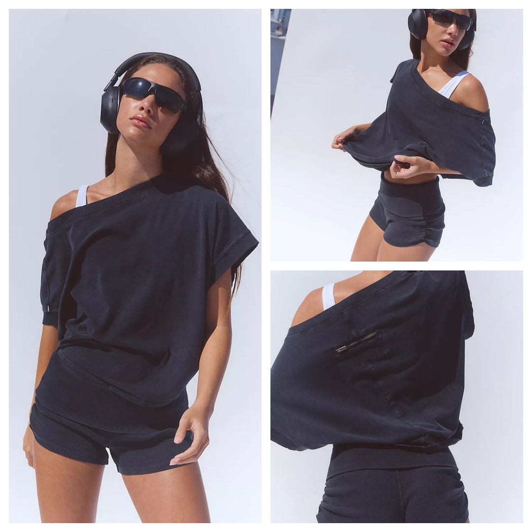 Color-Block Cropped Tee &amp;amp; Low-Rise Shorts Two-Piece Set