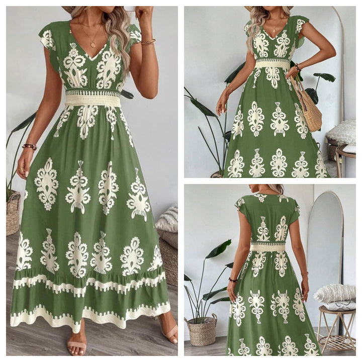 Navy Blue Printed Smocked Waist Maxi Dress