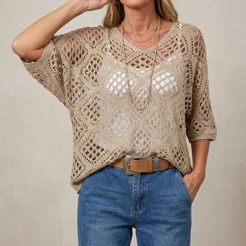 Multi-Color Crochet Knit Top, V-Neck Elbow Sleeve Openwork Sweater for Women