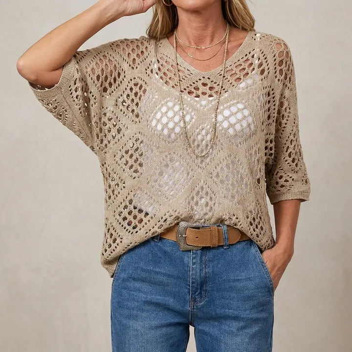 Multi-Color Crochet Knit Top, V-Neck Elbow Sleeve Openwork Sweater for Women