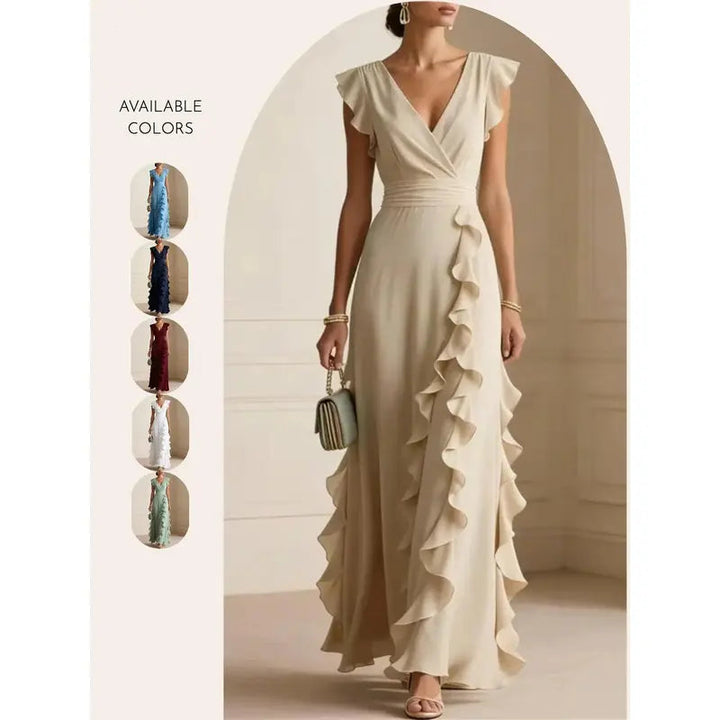 Ruffle Trim V-Neck Evening Maxi Dress