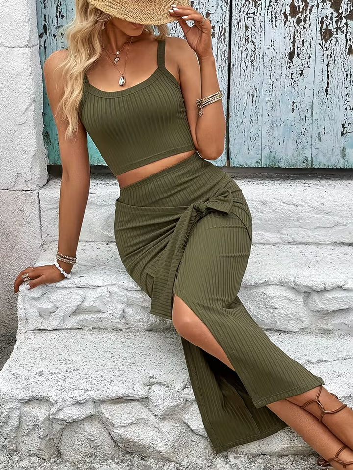 Olive Green Ribbed Crop Top &amp;amp; Wrap Midi Skirt Two-Piece Set