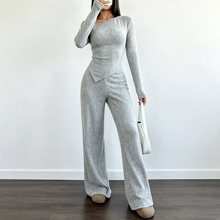 Solid-color off-shoulder long-sleeve top and pants set