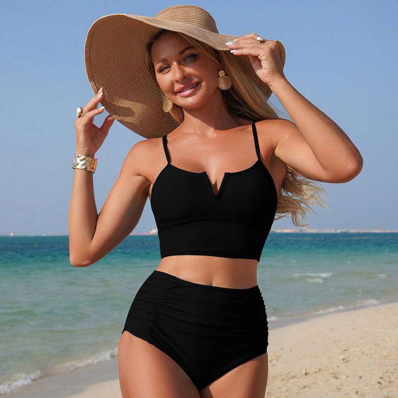 V-neck high-waisted pleated two-piece bikini set