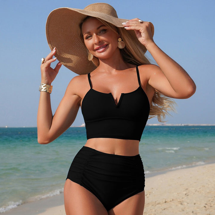 V-neck high-waisted pleated two-piece bikini set