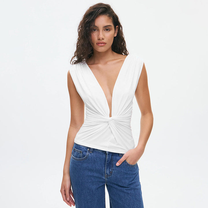 Deep V Twist Front Sleeveless Crop Top