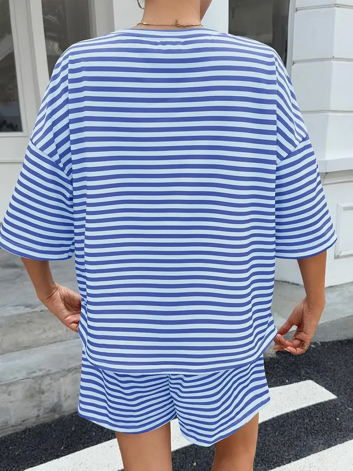 Striped Loungewear Set, Oversized Tee &amp; Drawstring Shorts