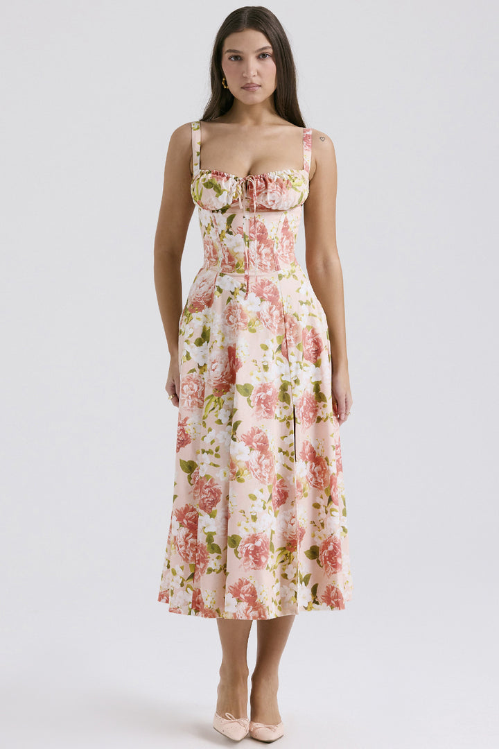 Floral Corset Midi Dress.Romantic shape. Effortless summer elegance.