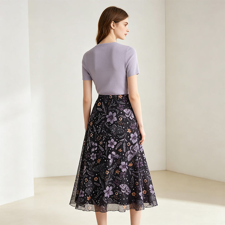 Floral Print Mesh High Waist A-Line Skirt