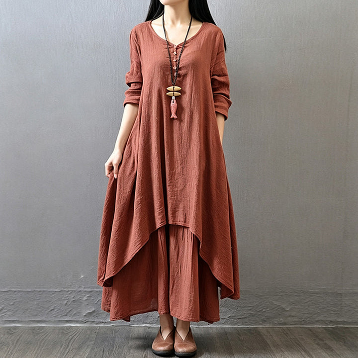 Faux-layered long-sleeved linen maxi dress