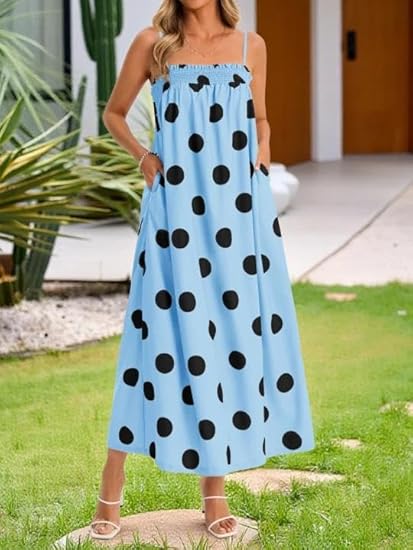 Womens Summer Polka Dot Spaghetti Strap Maxi Dress with Pockets