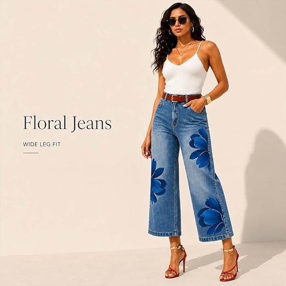 Medium Wash Cropped Wide Leg Jeans with Large Blue Floral Print