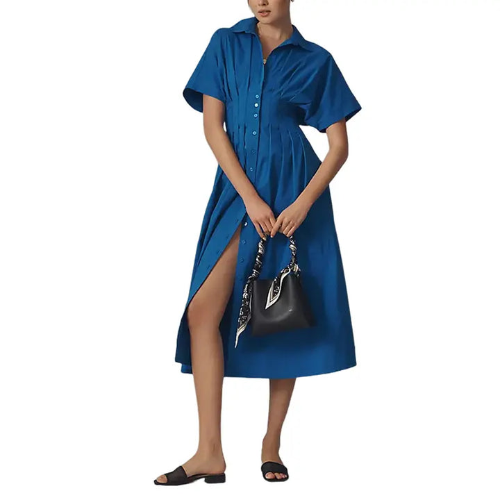 Cinched Waist Button-Front Midi Shirt Dress