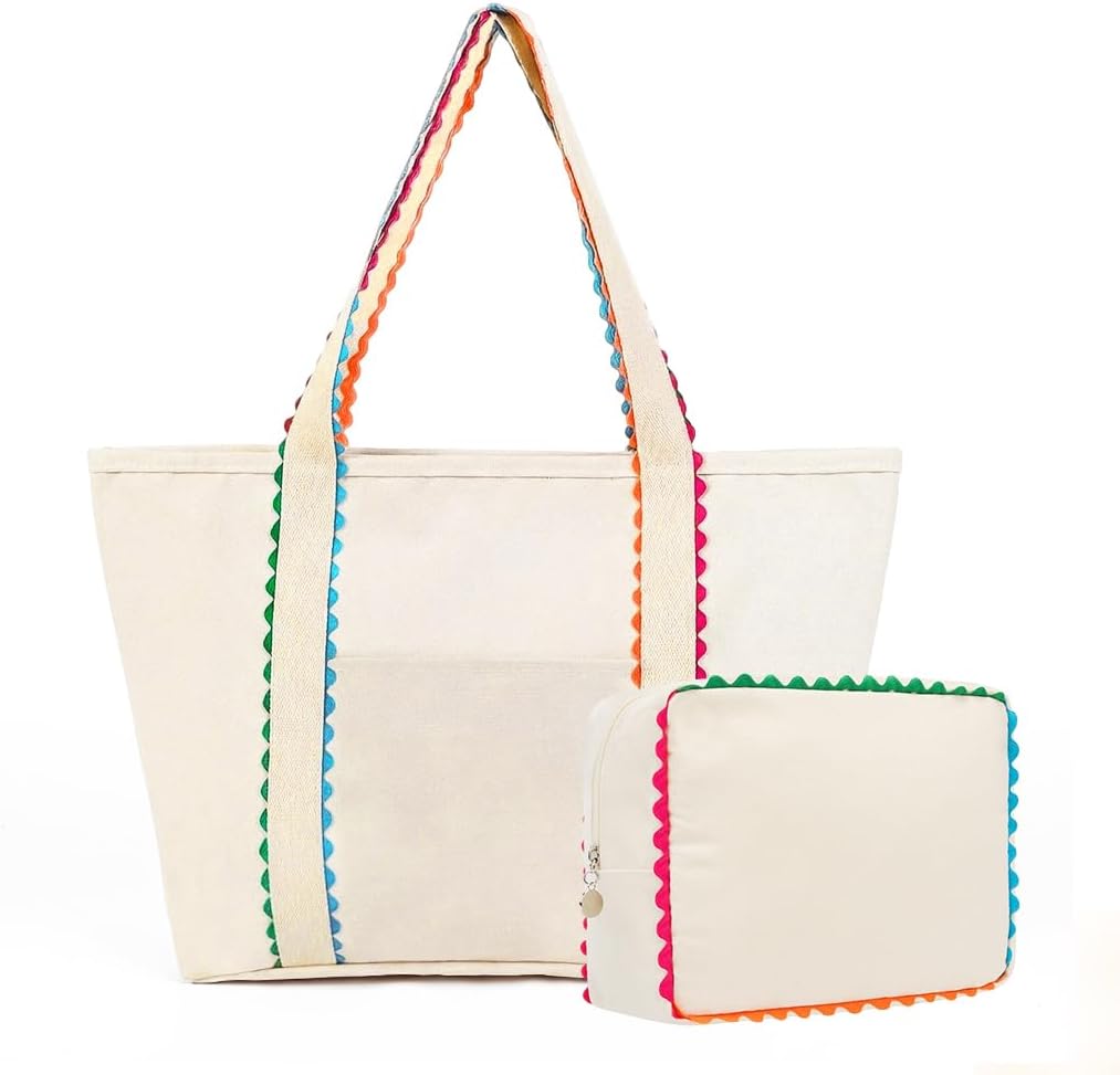 Colored Scalloped Cotton Tote Bag with Pouch, Canvas Mother &amp; Daughter Bags
