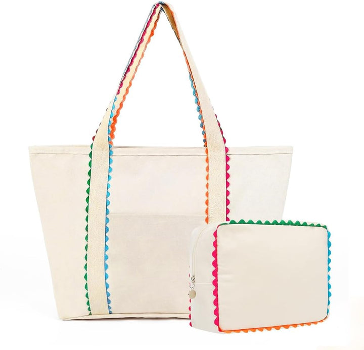 Colored Scalloped Cotton Tote Bag with Pouch, Canvas Mother &amp; Daughter Bags