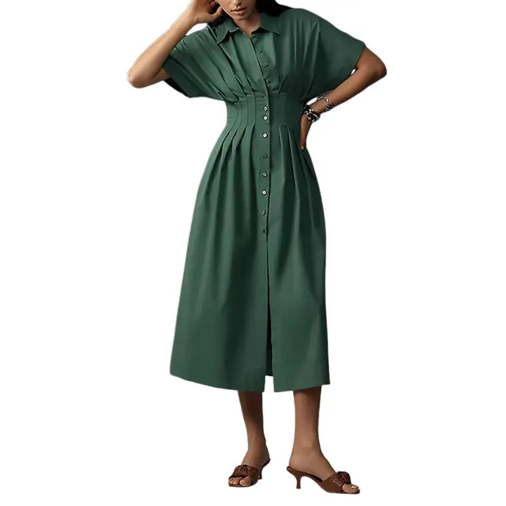 Cinched Waist Button-Front Midi Shirt Dress