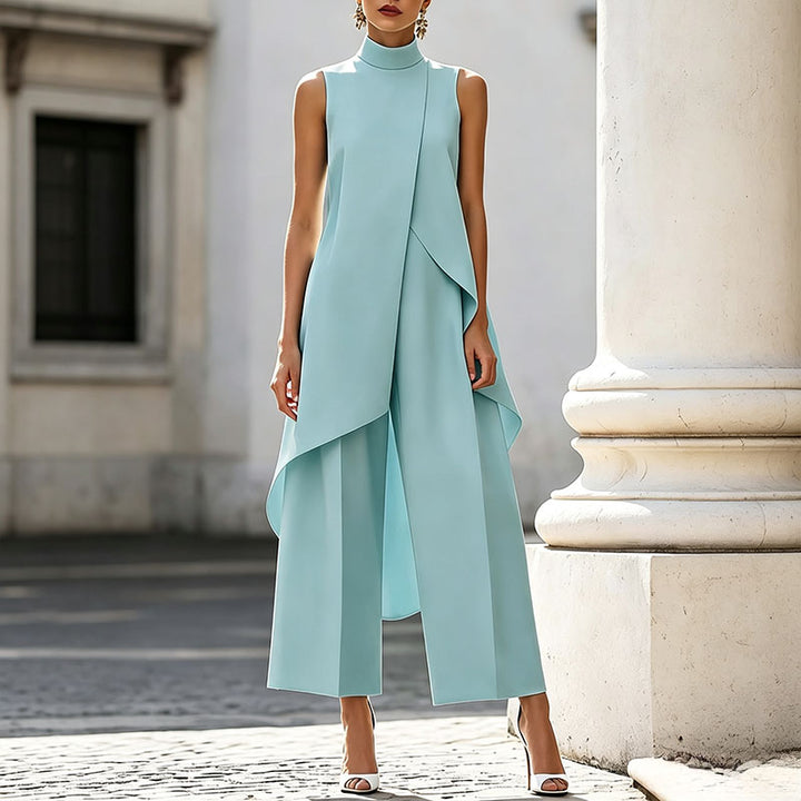 Sleeveless high-neck top and wide-leg trousers set