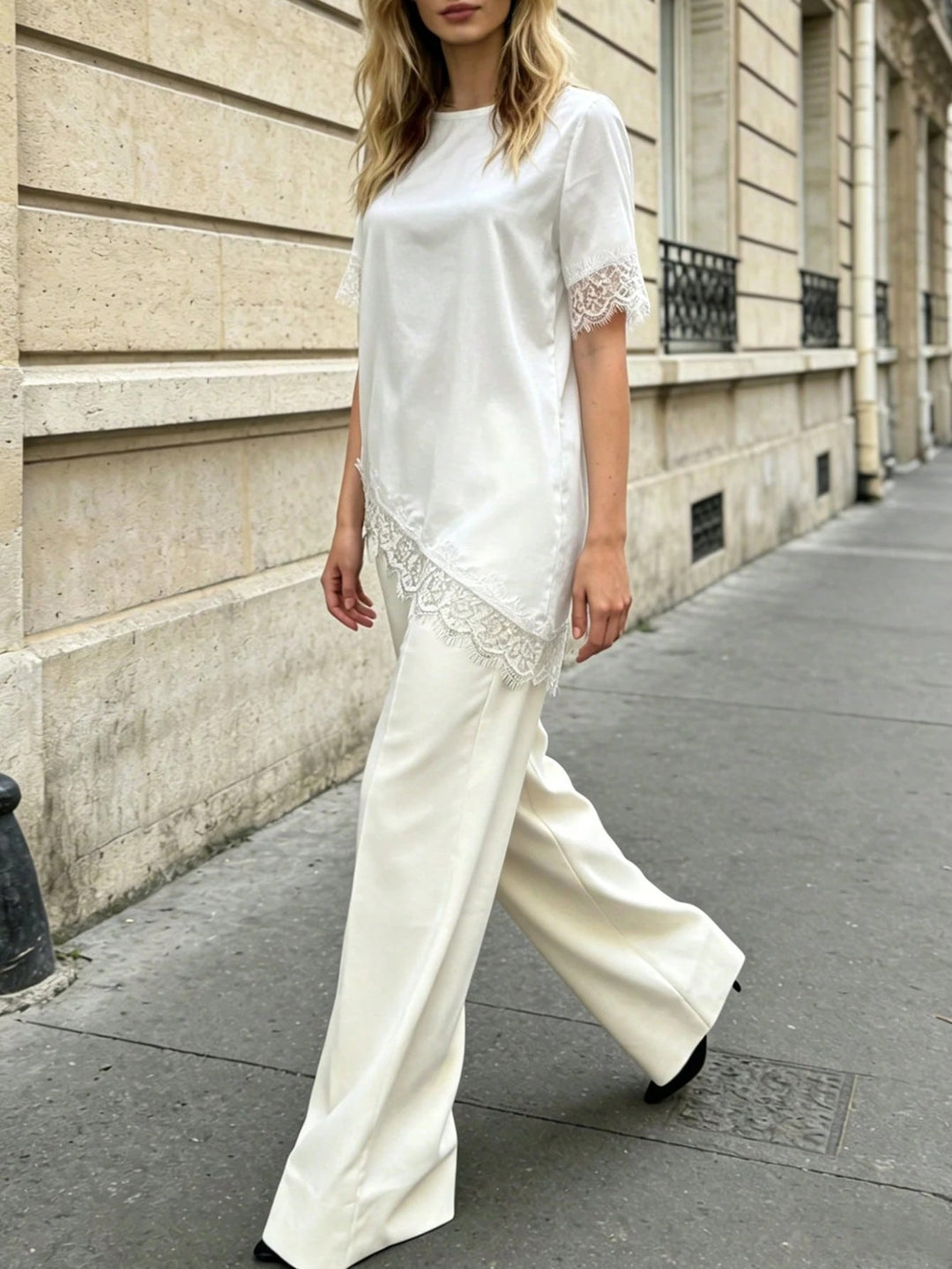 Solid Color Satin Lace Patchwork Uneven Hem Tee Top