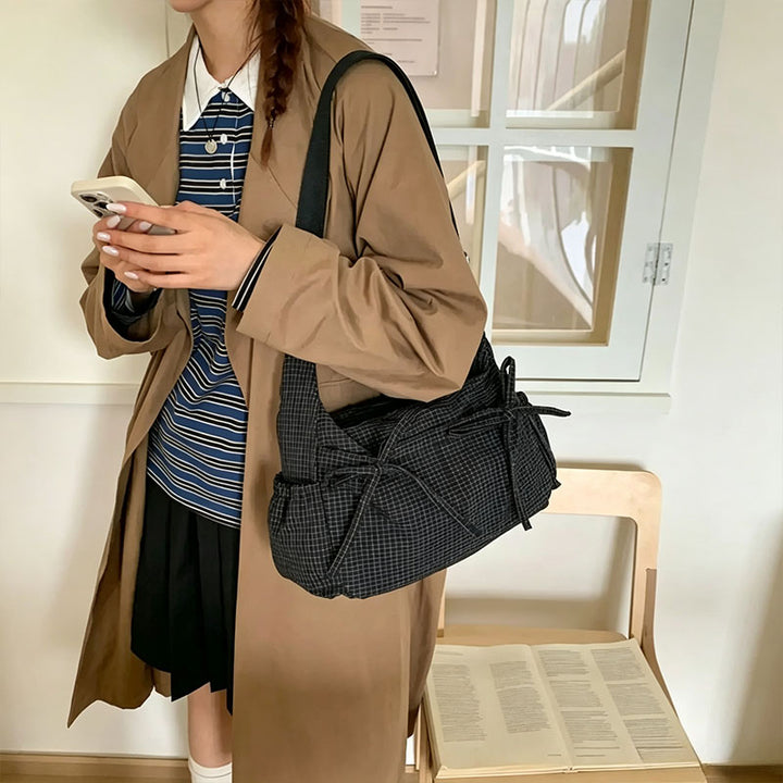 Plaid Drawstring Ruched Cloud Bag