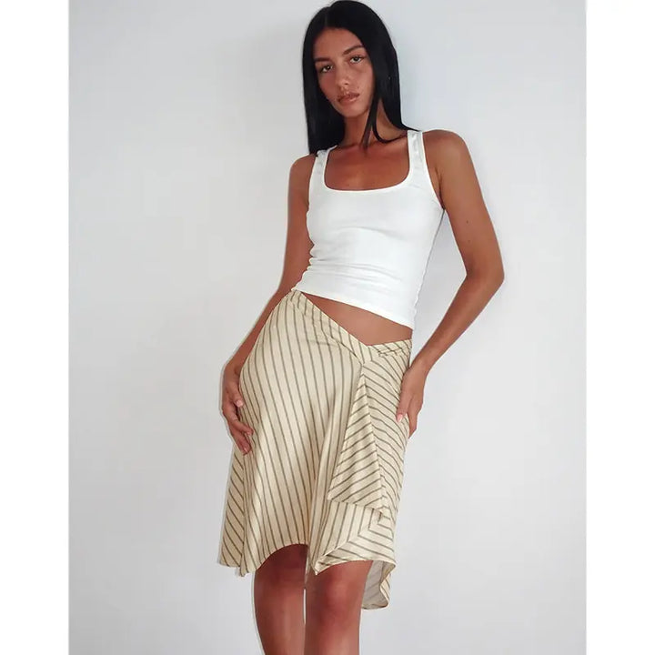 Beige Diagonal Stripe Asymmetric Midi Skirt