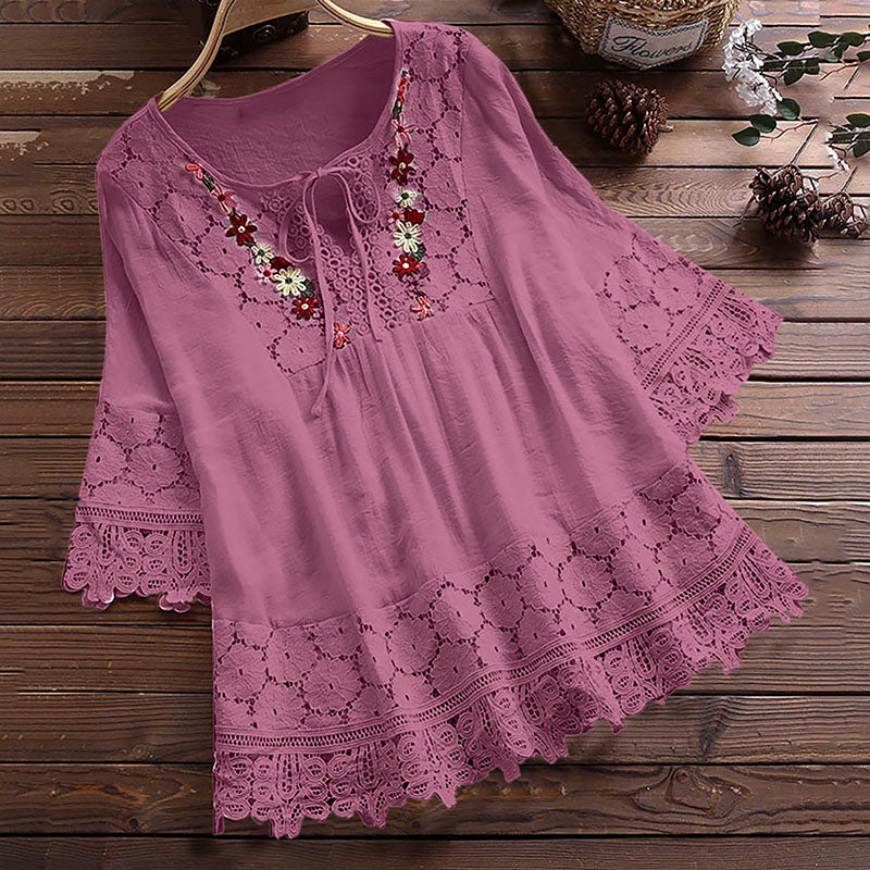 Lace-trimmed linen V-neck top