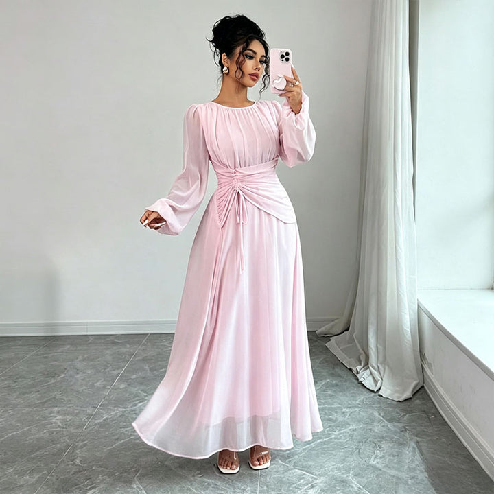 Long Sleeve Ruched Drawstring A-Line Dress