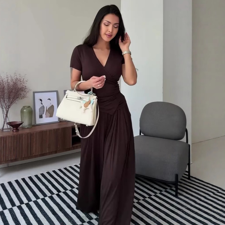 Wrap V Neck Short Sleeve Wide Leg Set