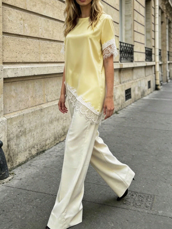 Solid Color Satin Lace Patchwork Uneven Hem Tee Top