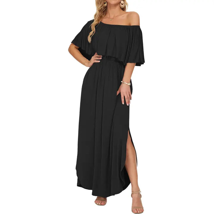 Floral Off-Shoulder Maxi Dress, Flowy Elastic Waist Dress with Side Slit