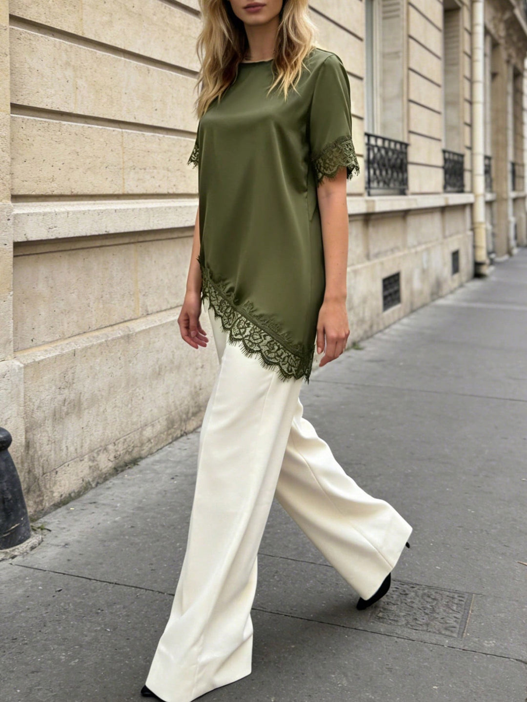 Solid Color Satin Lace Patchwork Uneven Hem Tee Top