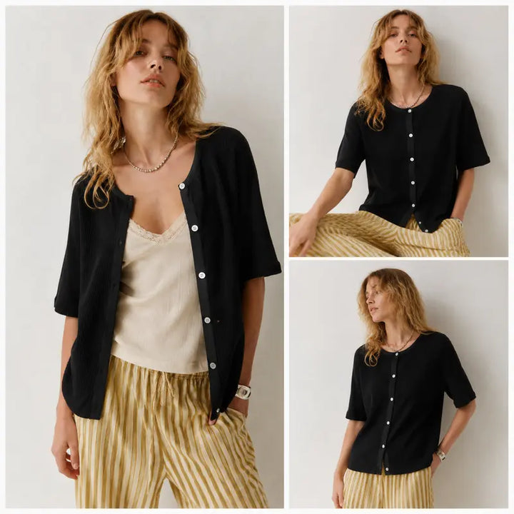 Short-Sleeve Knit Cardigan, Button-Up Relaxed Fit Top