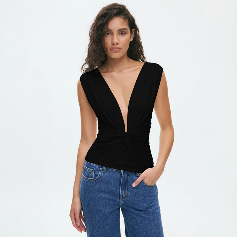 Deep V Twist Front Sleeveless Crop Top