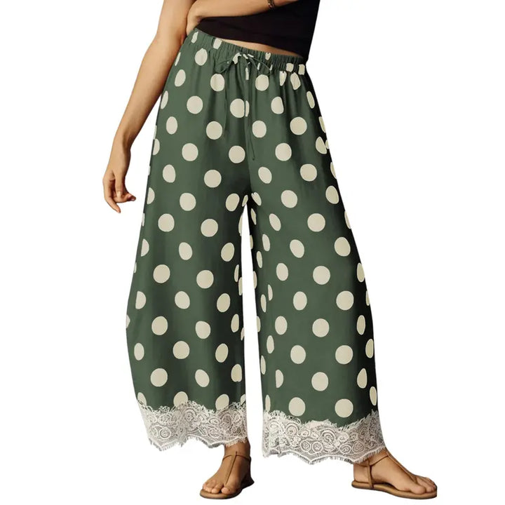 White Polka Dot Drawstring Loose Cropped Pants With Scalloped Lace He