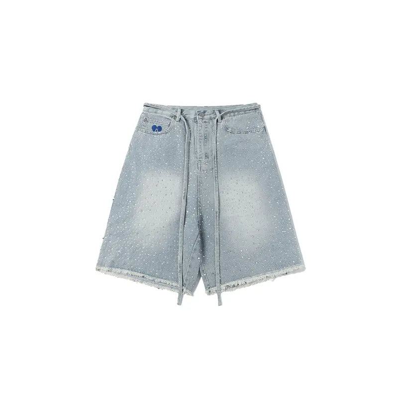 Rhinestone Denim Jorts, Oversized Baggy Bermuda Shorts with Raw Hem