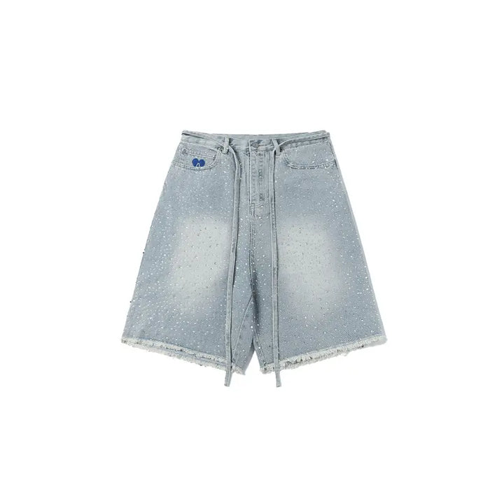 Rhinestone Denim Jorts, Oversized Baggy Bermuda Shorts with Raw Hem