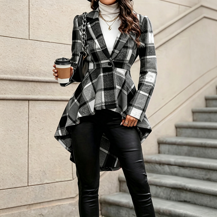 Irregular Hem Plaid Long Sleeve Coat