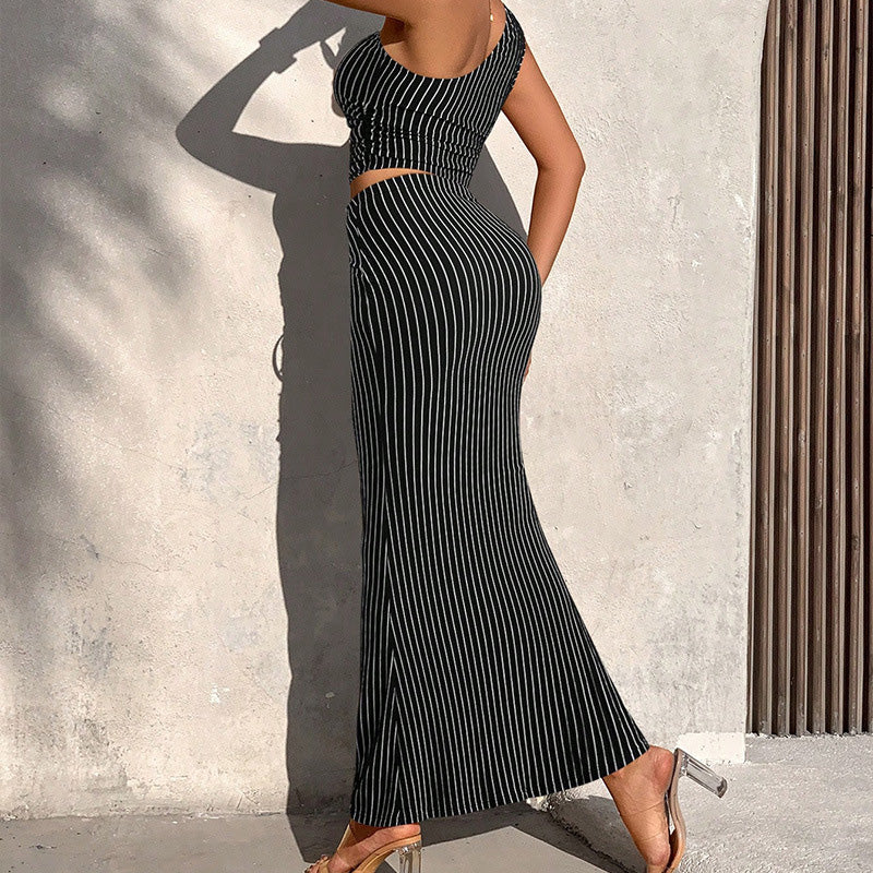 Summer one-shoulder striped sleeveless vest two-piece set