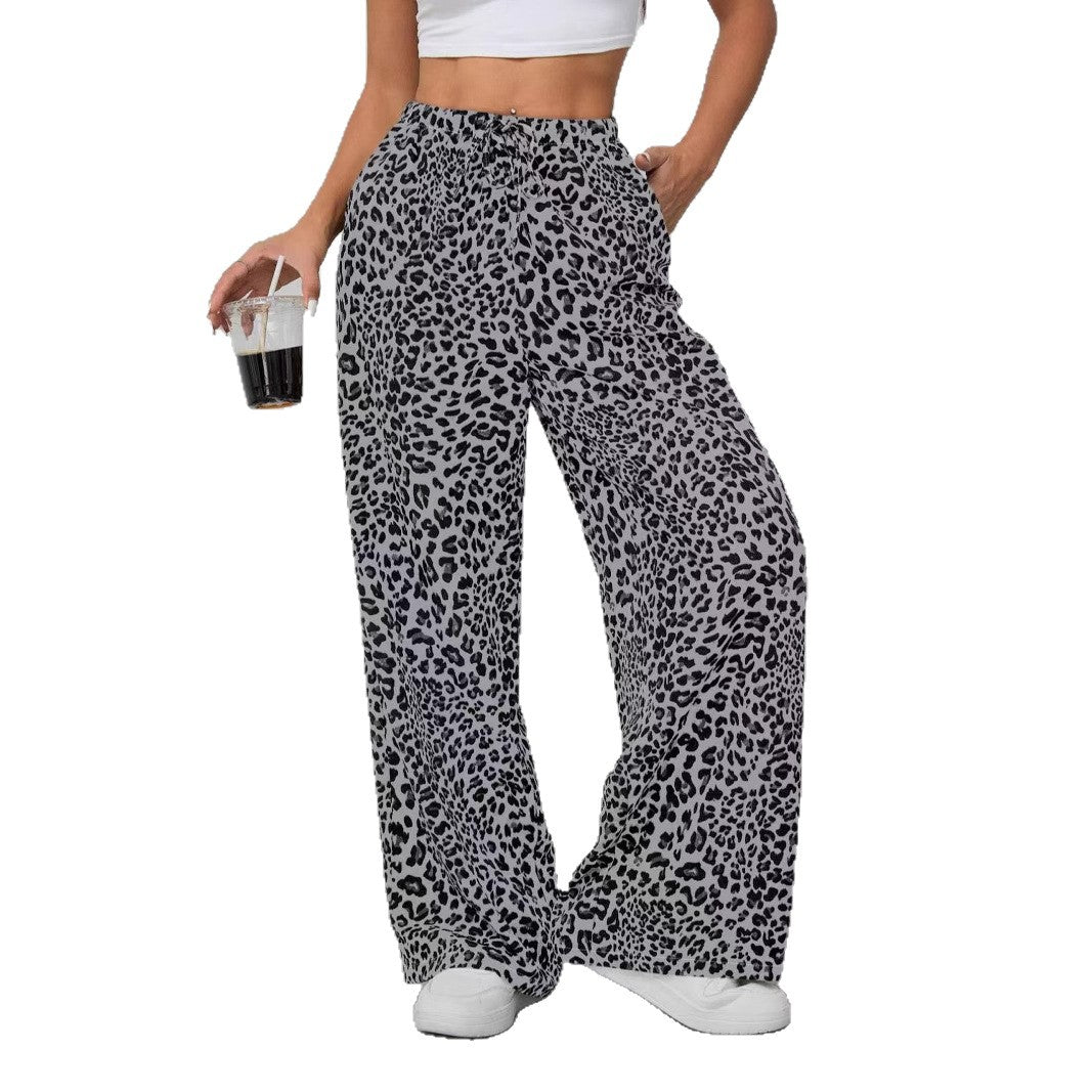 Leopard Print High-Waisted Wide Leg Pants, Elastic Waist Drawstring Trousers
