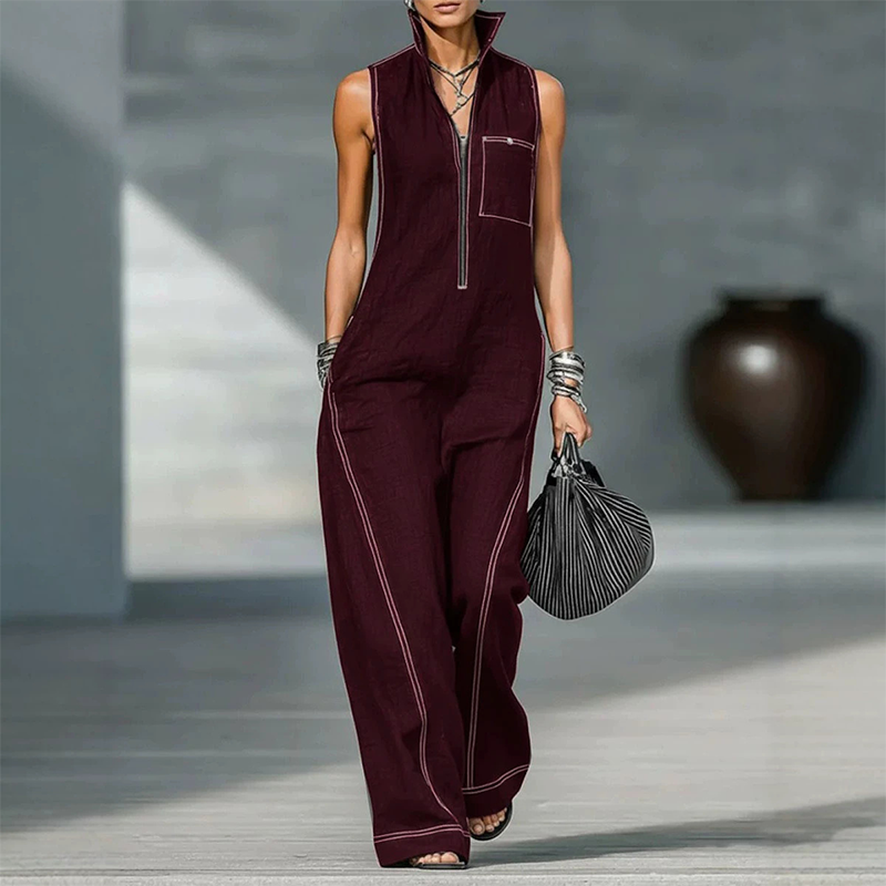 Sleeveless cotton-linen jumpsuit