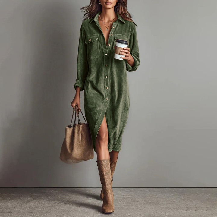 Lapel Pocket Front Slit Shirt Dress